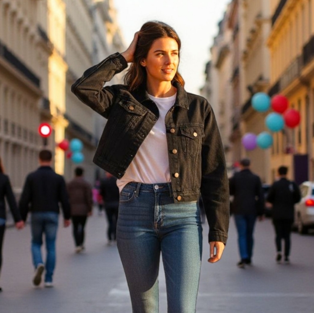 Stylish Women's Cropped Outerwear Black Denim Jean Jacket In Black
